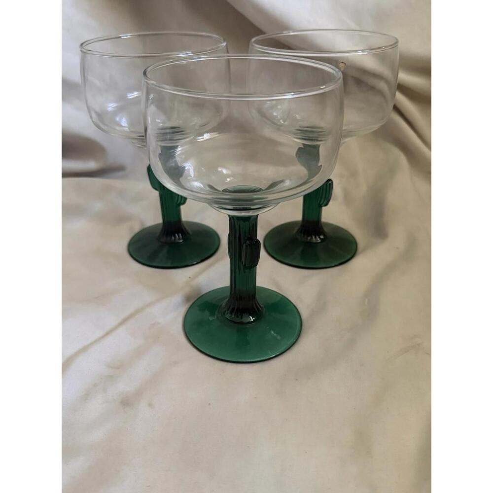 Set of 3 Libbey Margarita Glasses Green Cactus Stem 6.25" H & 3.75” W